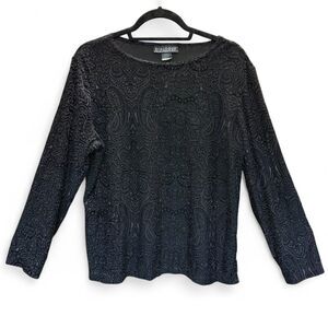 Vintage Dialogue Black Velvet Jacquard Paisley Long Sleeve Blouse size L